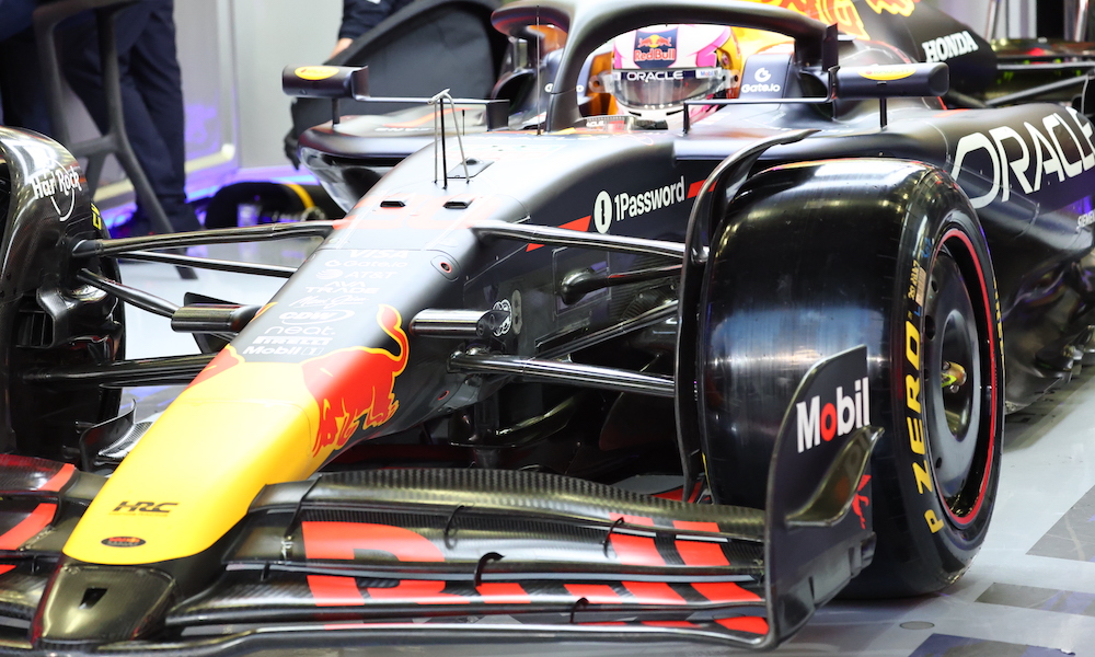 Red Bull RB21 in the garage at F1 2025 pre-season testing in Bahrain